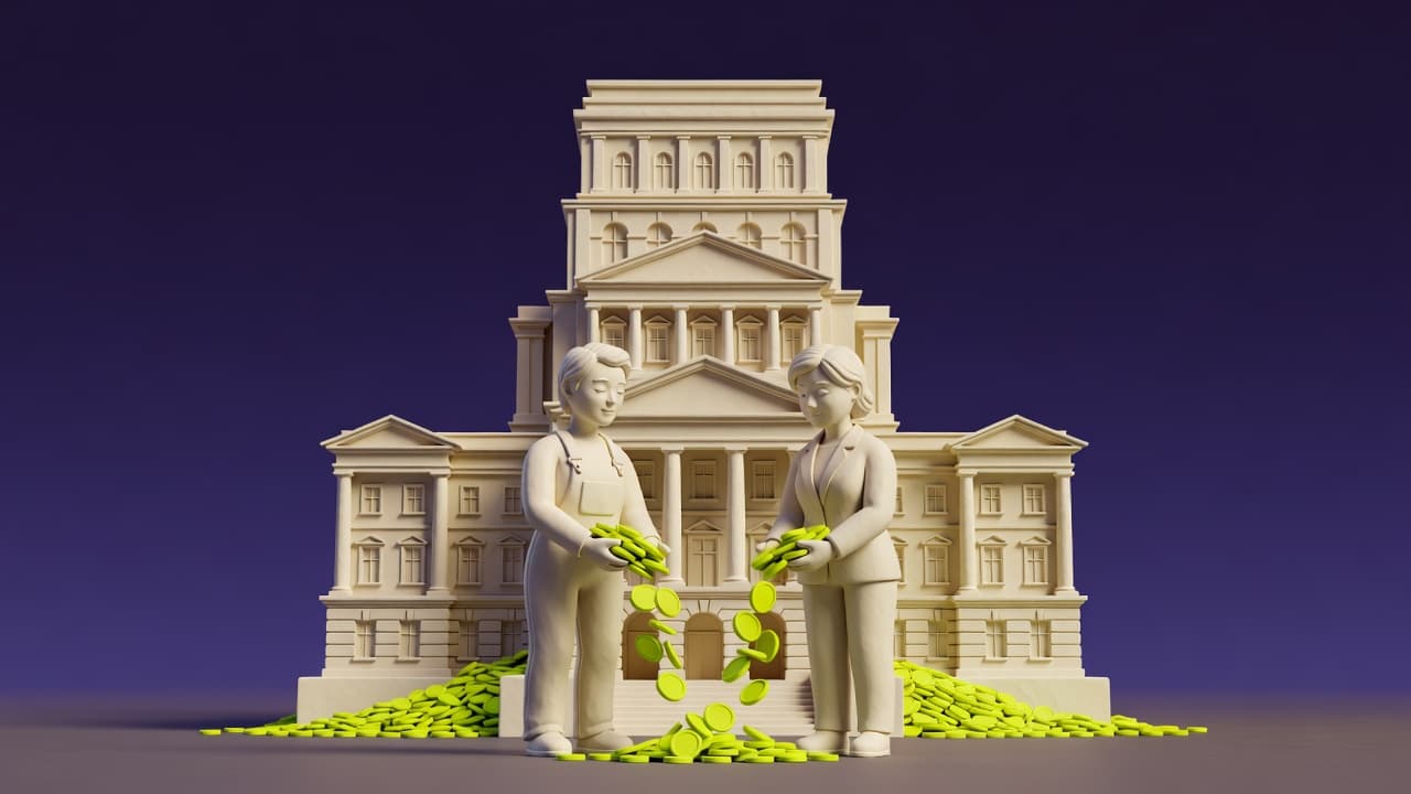 Trabalhador e chefe juntos despejando moedas na frente de um palácio enorme